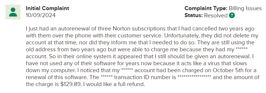 text of a complaint about LifeLock billing after cancellation.