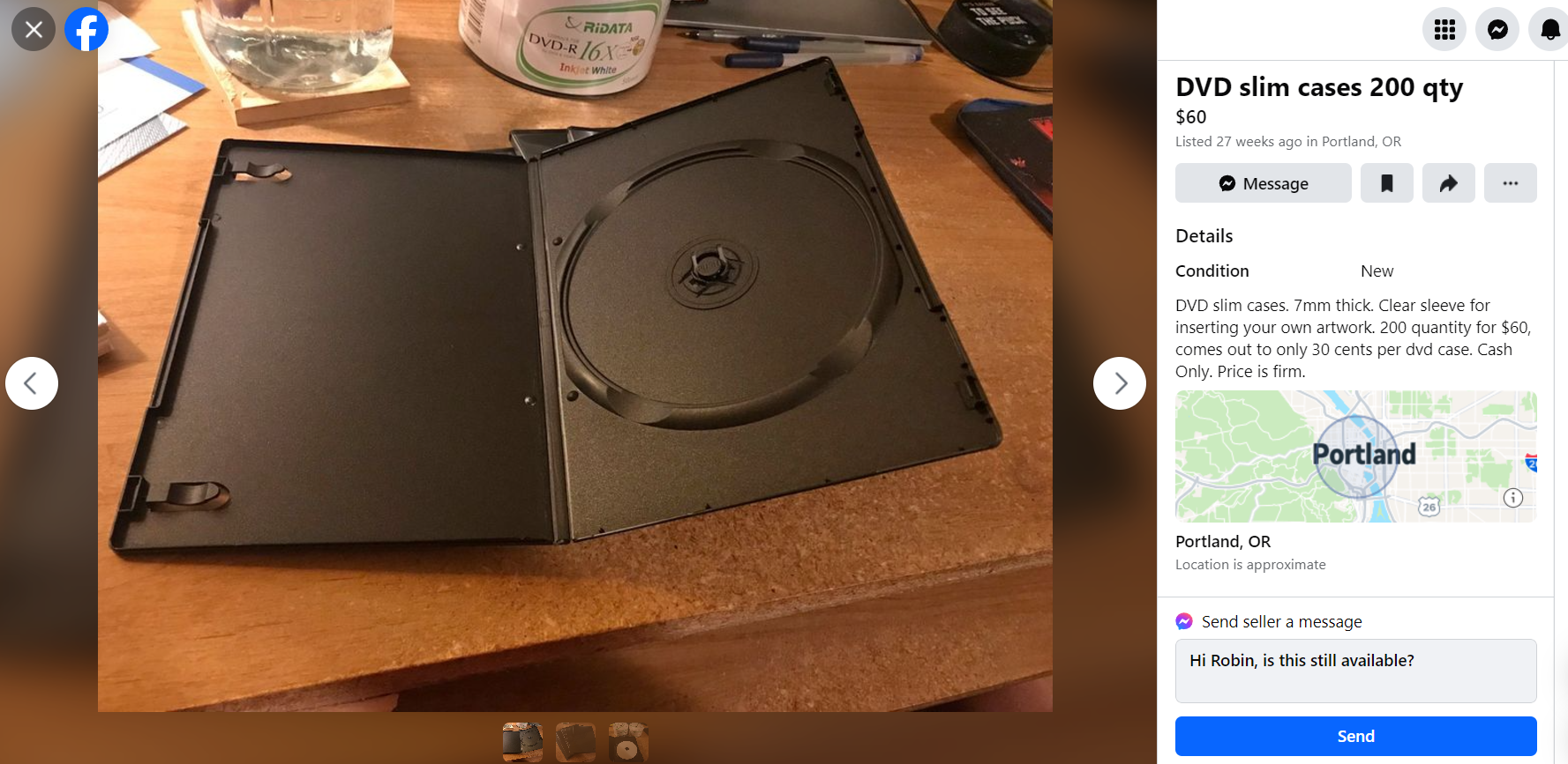 Facebook Marketplace listing for DVD cases, Portland, Oregon 11/15/2024.