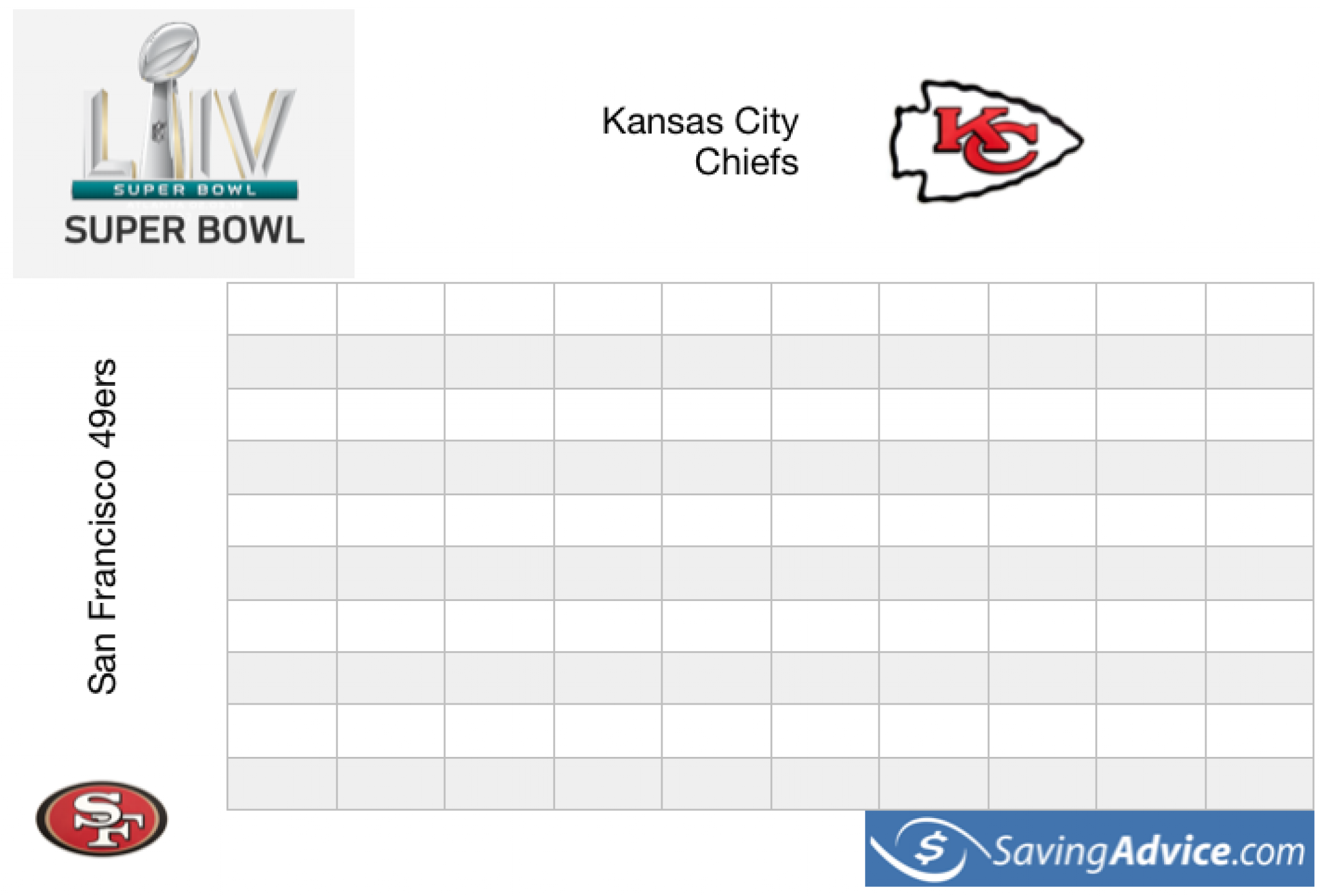 Printable Super Bowl Grid 100 Free