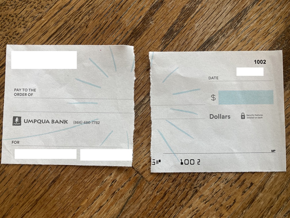 example of a ripped check form Umpqua bank