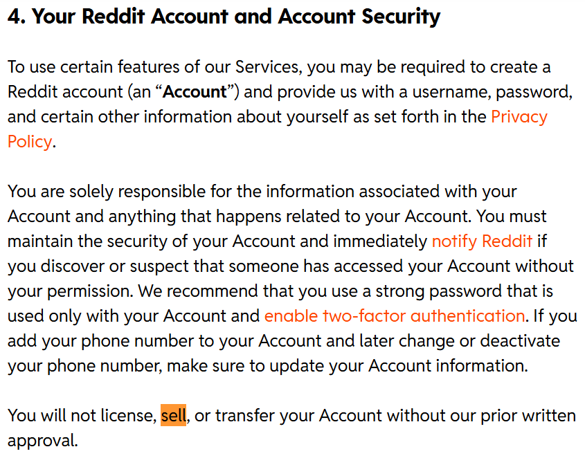 Reddit Terms of service forbidding account sales