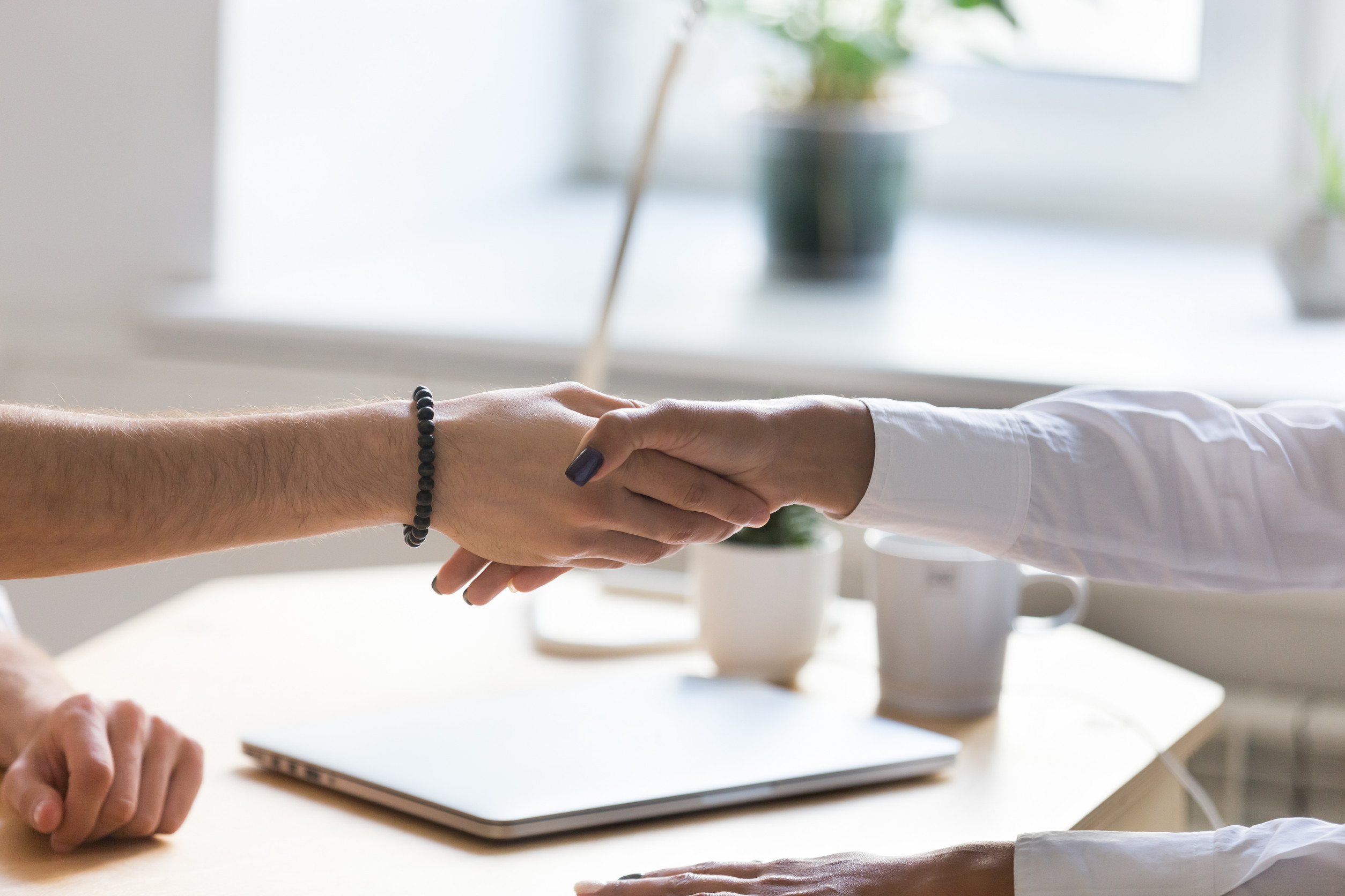 Multiracial businessman and businesswoman handshaking at meeting making good deal, expressing respect, satisfied client thanking for services, white male and black female hands shaking close up view