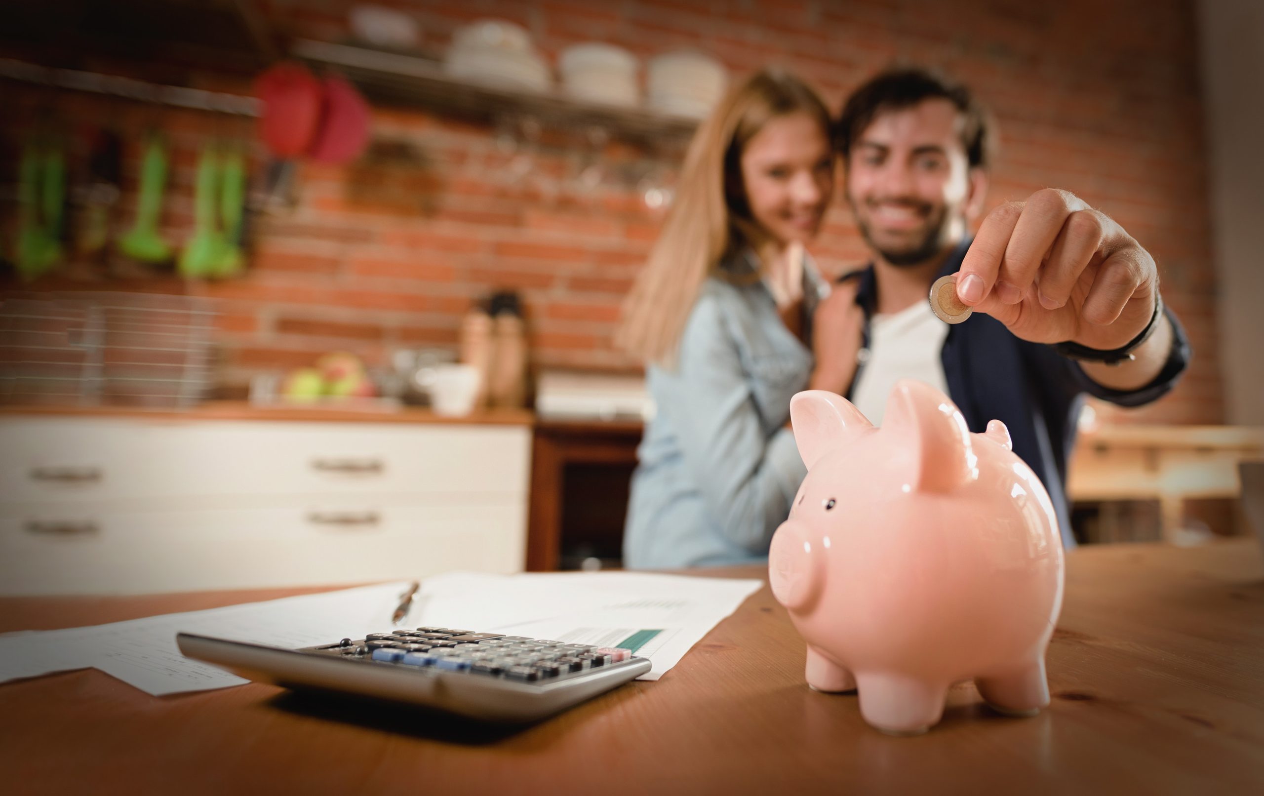 Happy couple inserting coin in piggybank. Home budget, family finance concept. Wide photo with space for your text