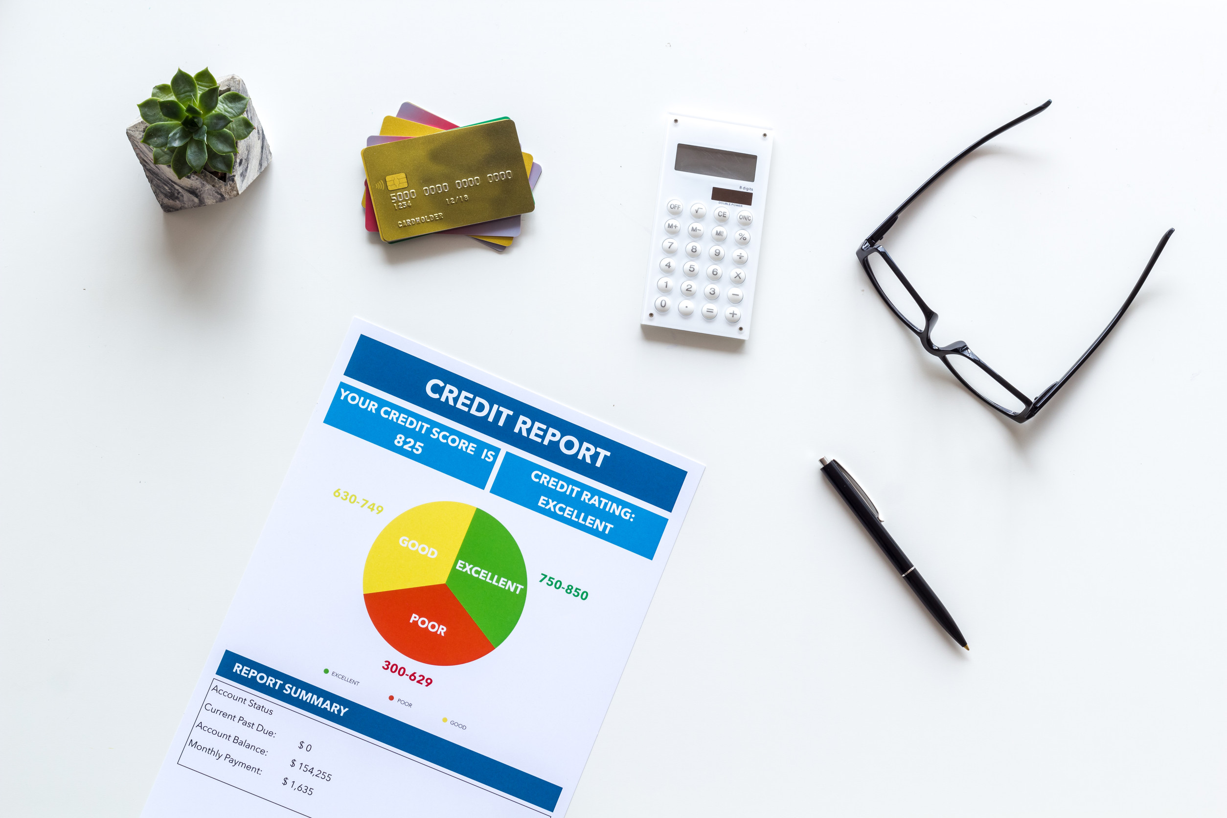 accountant or banker office desk with bank cards, glasses, credit report on white background top view